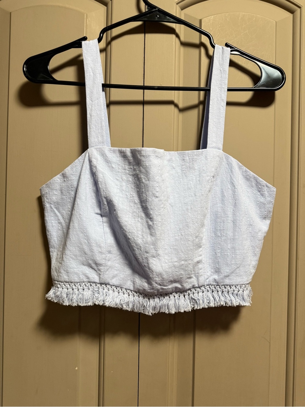 Junior’s Light Blue Fringe-Hem Square Neck Crop Top